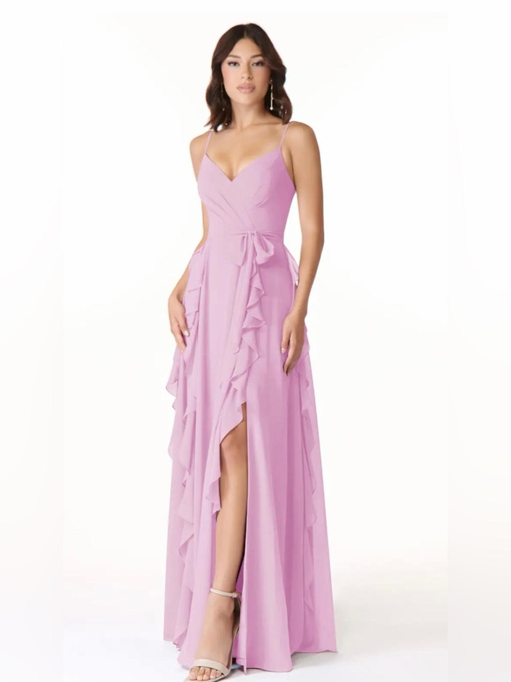 Azazie NWT Peyton Ruffled Chiffon Maxi Dress In Candy Pink 14